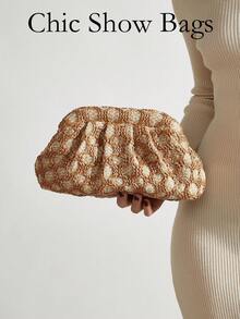 女款手提包，菱形鉤編草編布料抓皺雲朵包，可拆卸鏈條肩帶，休閒沙灘單肩包，適合夏季度假 - 米色 - 查看 1