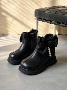 1 Pair Kids Bow & Pearl Decor Short Boots, Fashion Side Zipper Leather Boots, Suitable For Party Dress Matching, Daily Wear, School Commute, Autumn/Winter - Black - View 3