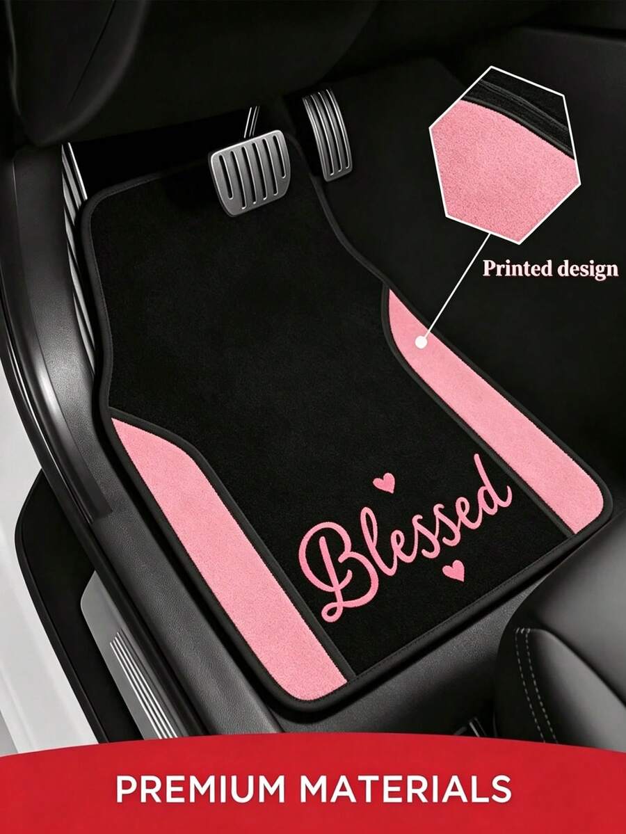 4Pcs Polyester Car Floor Mats, Pink And Black Two-Tone Design Auto Carpets, Warm Letter Pattern Wear-Resistant Interior Accessories For Most Cars - A - View 1