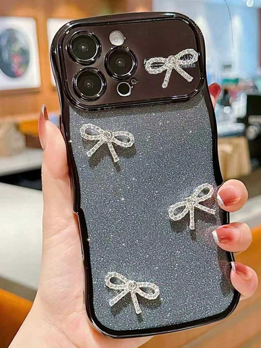 1件黑色電鍍波浪邊閃粉背板大尺寸分體鏡頭窗3D水鑽蝴蝶結裝飾軟TPU手機殼，適用 17 Pro Max 16 15 14 13 12 11 Pro Plus 16E，全包覆加高鏡頭保護殼，防水防震防摔防刮甜美風手機殼 - 黑色 - 查看 1
