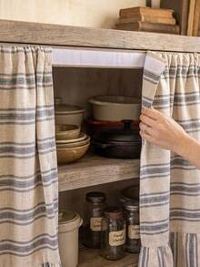 1/2pcs Beige Gray Horizontal Striped Table Skirt, Rustic Pastoral Style Fabric Material, Rectangular Top Pleated And Bottom Ruffle Detail, Storage Concealment And Decorative Beautification Function, Suitable For Storage Rack Cover And Natural Home Decor Scenes - Dark Grey - View 8