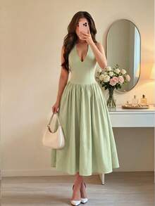 Women's Solid Color Halter Neck Ruched A-Line Back Tie Sexy Elegant Elegant Fashion Vacation Dress - Green - View 1