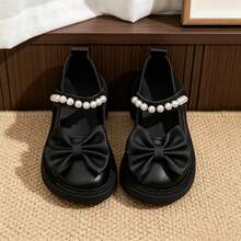 1 Pair Girls' Sweet Bow & Pearl Embellished Matte PU Fabric Round Toe Shallow Cut Hook-And-Loop Strap Low Heel French Style Children's Leather Shoes, Suitable For Spring/Summer Vacation And Party Occasions - Black - View 2