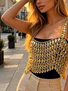 DEKUNER Vintage Black Crystal Body Chain Crop Top, Handmade Full Rhinestone Mesh Halter Top, Personalized Accessory For Photos, Parties And Nightclubs - Black - View 8