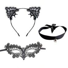 3pcs Black Lace Cat Costume Accessory Set, Includes Lace Cat Ear Headband, Masquerade Eye Mask And Bell Collar, Women's Halloween Cosplay Costume Props, Suitable For Costume Party - Black - View 8