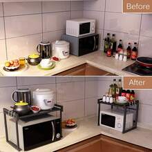 Adjustable Microwave Rack, Expandable Kitchen Stand With 6 Hooks For Microwave Toaster Oven, Space Saving Countertop Shelf, Metal Black - View 6