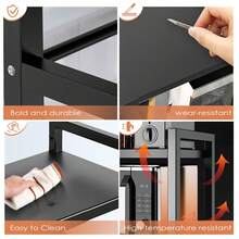Adjustable Microwave Rack, Expandable Kitchen Stand With 6 Hooks For Microwave Toaster Oven, Space Saving Countertop Shelf, Metal Black - View 7