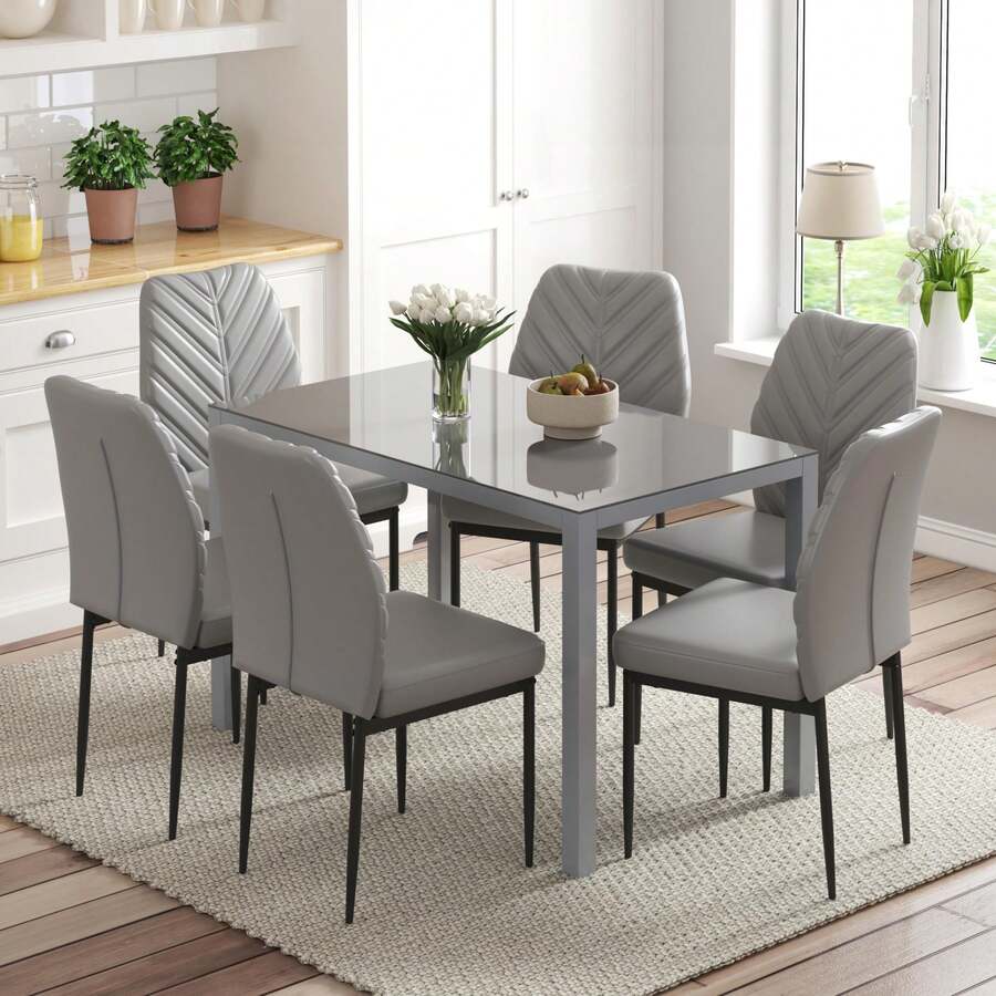 Dining Table And Chairs Set Of 4/6, Glass Kitchen Table And Faux Leather Padded Chairs Kitchen Dining Table Set - Grey - View 1