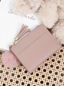 Ladies' Fashionable Short Zipper Wallet, With A Pom-Pom Charm, Portable Card Wallet With Tassel Decoration, Suitable For Daily Storage And Travel - Lilac Purple - View 6