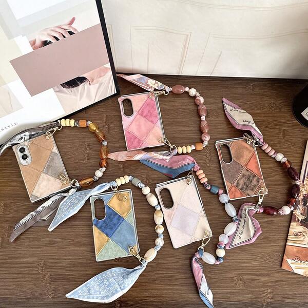PU Leather Geometric Pattern Phone Case With Scarf Wrist Strap, Hard PC Back Plate Protective Phone Cover, Compatible With Samsung Galaxy Z Fold 8