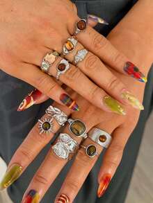 11/6/5pcs Vintage Old Money Style Pleated Texture Faux Gemstone Ring Set, Suitable For Women's Daily Wear - Silver - View 2