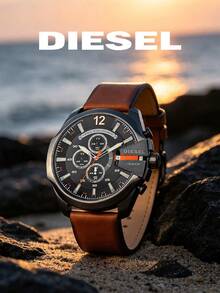 Diesel DZ4343 Mega Chief Men's Chronograph Watch, Black Dial Brown Genuine Leather Strap 10 Bar Water Resistant Quartz Wrist Watch - WATCH - View 1