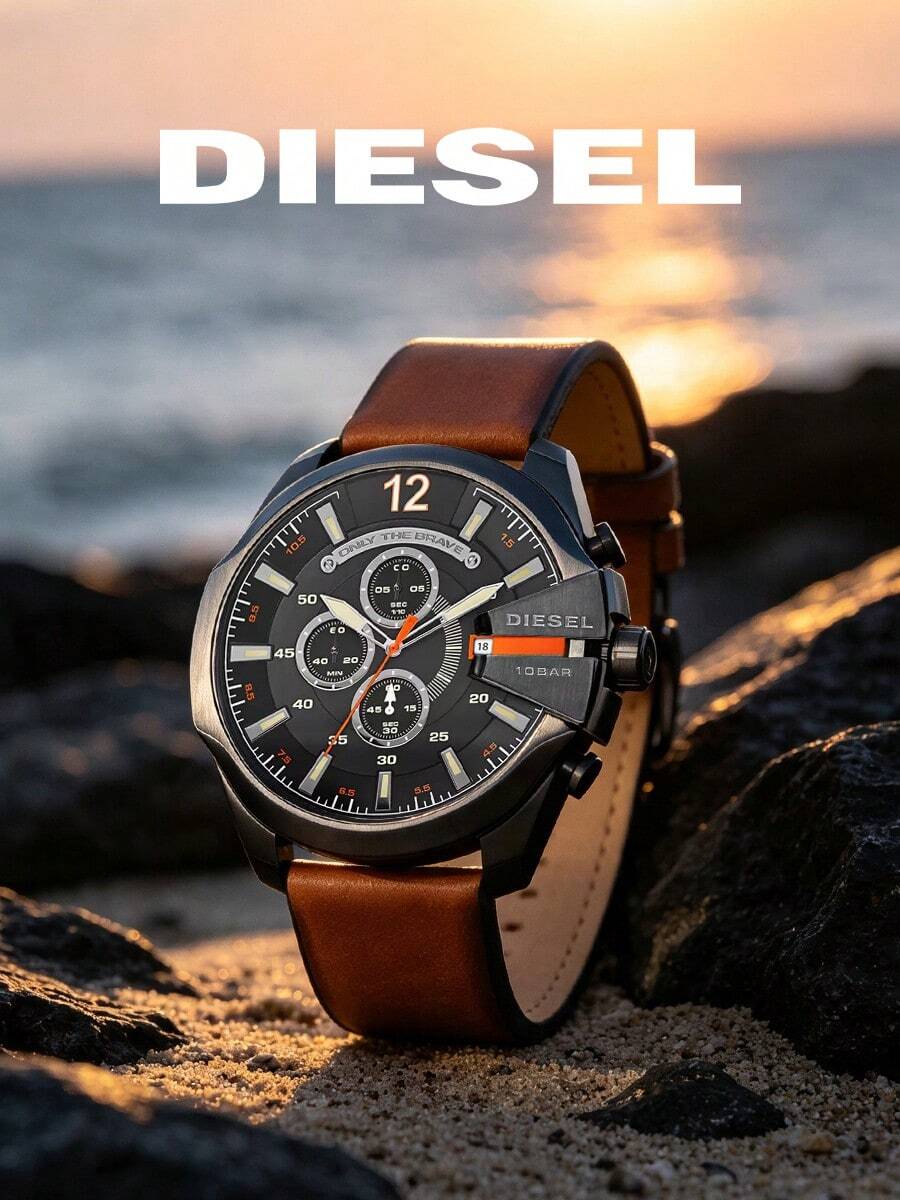 Diesel DZ4343 Mega Chief Men's Chronograph Watch, Black Dial Brown Genuine Leather Strap 10 Bar Water Resistant Quartz Wrist Watch - WATCH - View 1