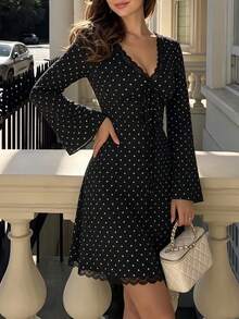 minisummer Women Elegant Autumn Polka Dot Long Sleeve Mini Dress, V Neck Lace Trim Drawstring Ruched Flared Sleeve A Line Dress - Black and White - View 4