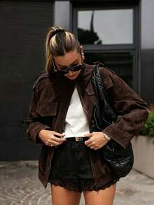 SS-Sunrise Fashion Women's Brown Flocked Fabric Long Sleeve High Neck Jacket With Zipper And Button Details, Regular Length, Autumn Essential - Coffee Brown - View 4