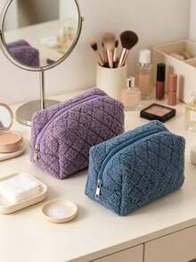 1pc Japanese Minimalist Soft Makeup Storage Bag, Solid Color Soft Fabric Cosmetic Bag Set, Casual Style Suitable For All Seasons, Women's Daily Travel Bathroom Toiletry Storage Bag, Home And Outdoor Universal - Multicolor - View 3