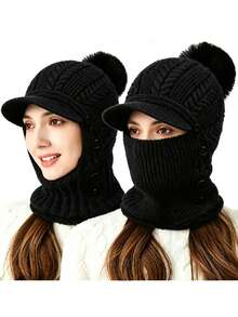 1pc Hat & Scarf 2-In-1 Thermal Lined Thickened Warm Headwear, Ideal For Daily Wear, Perfect Gift For Friends - Multicolor - View 2