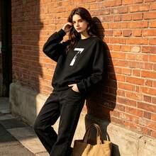 6Heavyweight Fabric American-Style Loose Casual Crew Neck Sweatshirt, Unisex, Versatile  Pullover - 黑色 - 查看 1