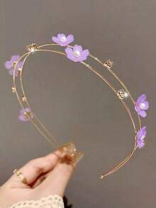 1pc Double Layer Alloy Thin Hair Tie With Faux Pearl Flower Decoration, Sweet Hair Accessory, Girls Headpiece - Multicolor - View 9
