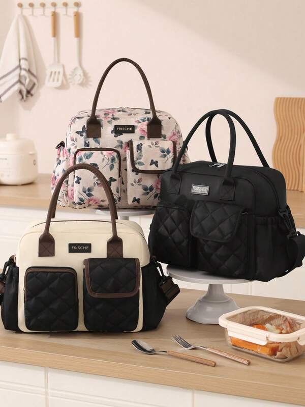 Women's Fashion Floral Pattern Insulated Lunch Tote Bag, Large Capacity Portable Mommy Bag, Waterproof Multi-Pocket Insulated Lunch Bag (With Adjustable Shoulder Strap) Multi-Functional Cold/Hot Bento Bag, Suitable For Work, School, Picnic And Outdoor Camping Back To School Use