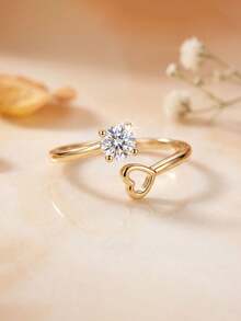1pc Elegant Heart-Shaped Single Diamond Gold Ring, Four-Prong Zirconia Inlay, Adjustable Open Band, Suitable For Women's Engagement Or Daily Wear - Gold - View 6