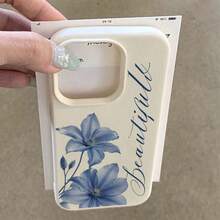 1pc TPU Material Fresh Elegant Blue Floral English Cursive Pattern Phone Case Compatible With IPhone 17 Pro Max/17/16 Pro Max/15/13/12/11/ S20 FE/A15/S24/A55/ Note 11/Note 12/Note 13 Pro Full Coverage Anti-Fall Soft Shell Phone Protective Cover - White - View 4