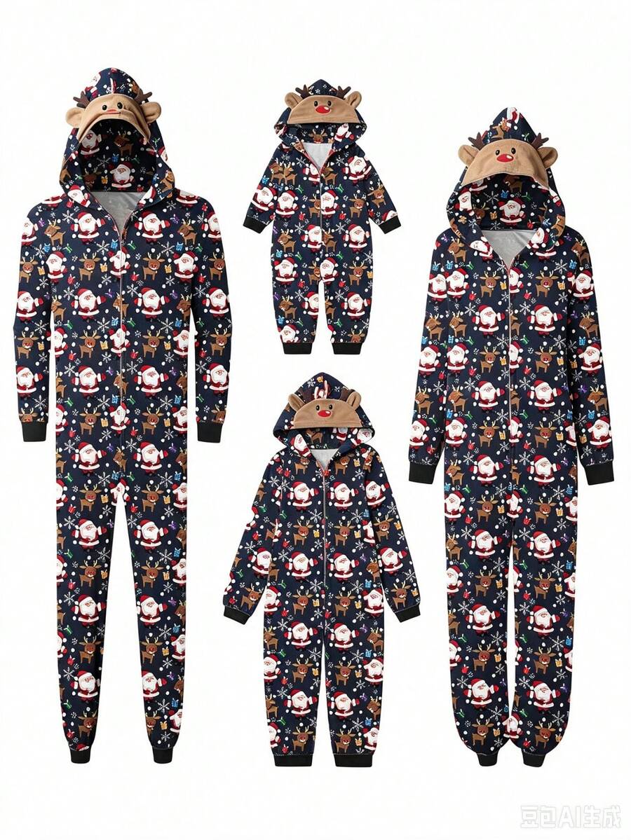 Family Matching Christmas Jumpsuits Pajamas Letter/Santa/Tree/Print Hooded Long Sleeve Playsuits Autumn Zipper Long Rompers - Blue Baby - View 1