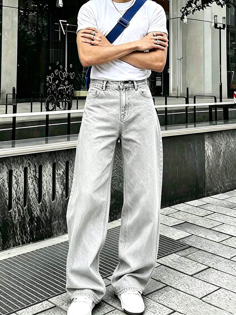 男士時尚復古寬鬆寬腿牛仔褲 - 淺灰色 - 查看 1