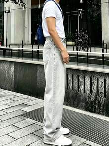 男士時尚復古寬鬆寬腿牛仔褲 - 淺灰色 - 查看 3