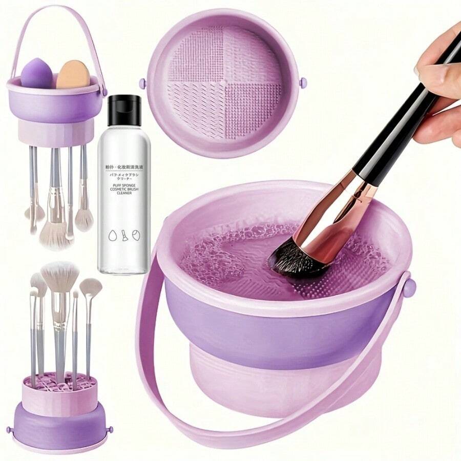 Pembersih Kuas Makeup 100ml + Kotak Penyimpanan 3-in-1, Alat Pengering, Bantalan Pembersih Kuas Makeup & Puff, Set Alat Pembersih Makeup Kapasitas Besar