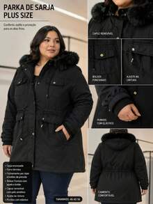 Casaco Parka de Sarja Plus Size Pelúcia Com Capuz Removível E ajuste Na Cintura E Bolsos  Casual    Jeans    Botão  Zíper    casaco feminina  Noite  Diário    inverno - Preto - Visão 5