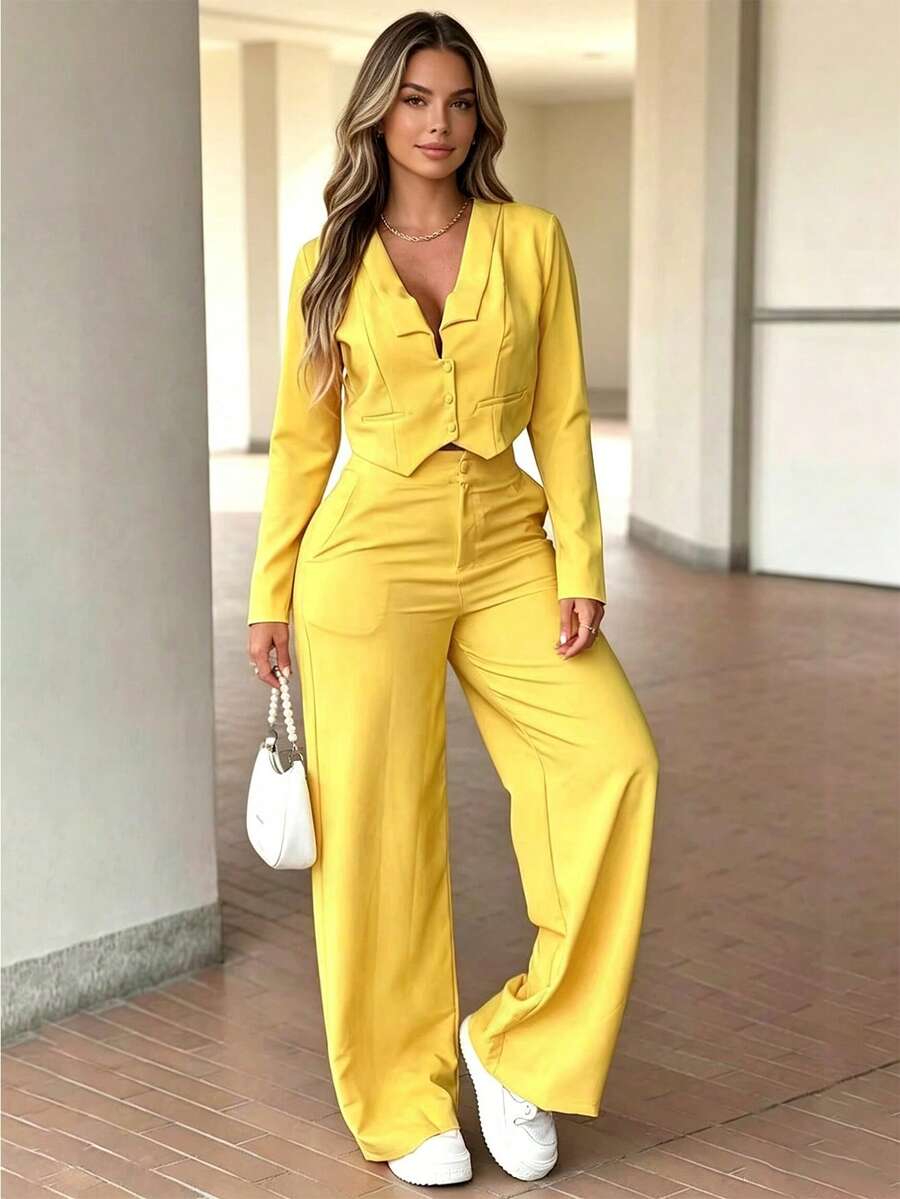 Women's Solid-Color Fall Commuter And Casual Two Pieces Set: Long-Sleeve Front-Button Blazer And High-Waisted Straight-Leg Pants With Button And Zipper - Yellow - View 1