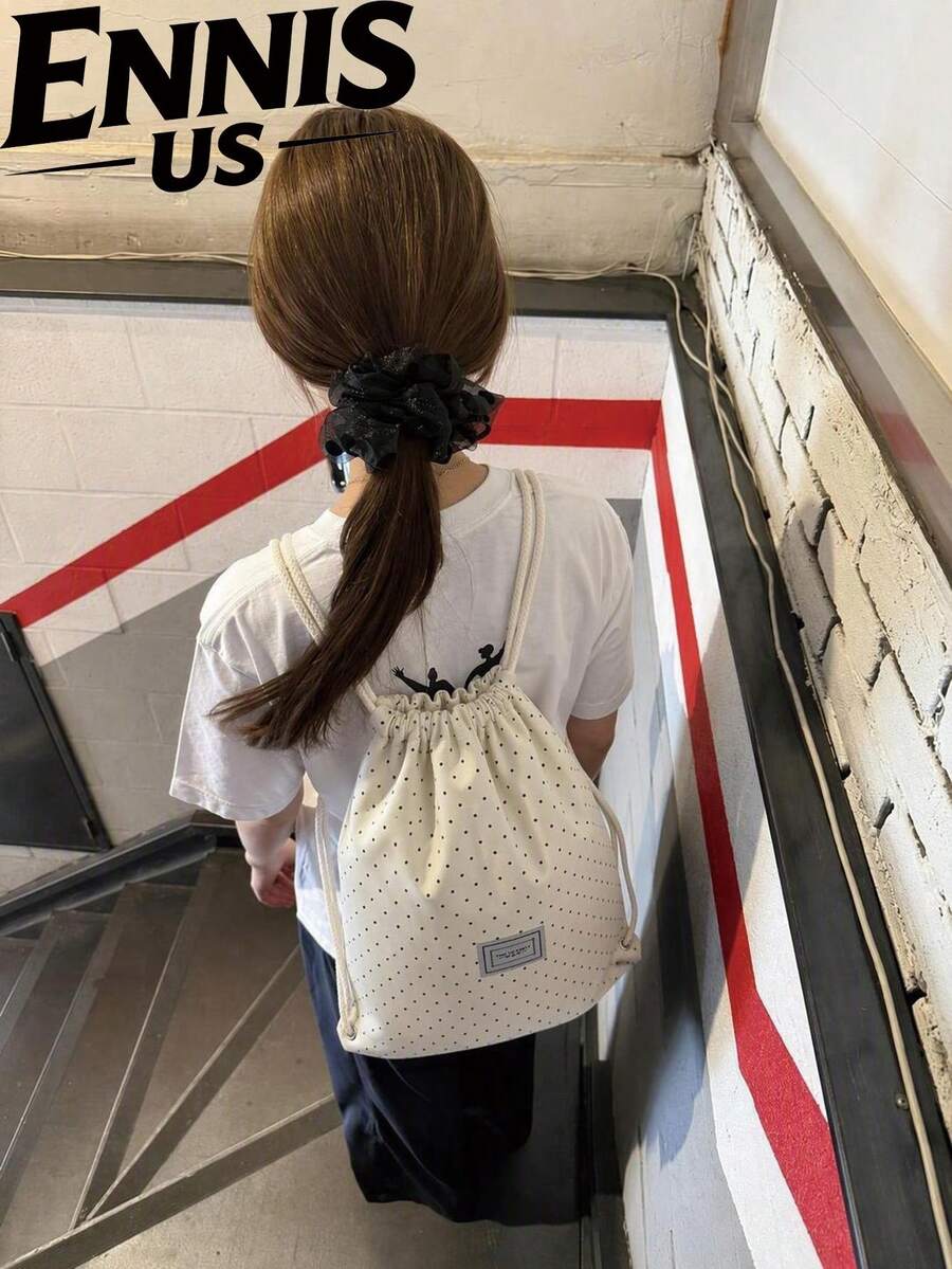 波點抽繩背包,輕量休閒束口包,適合日常通勤、運動、海灘與旅行,返校季,女款時尚背包,可愛背包(實際顏色為灰白色) - 米色 - 查看 1