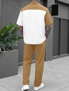 Spring/Autumn Mature Style Colorblock Vertical Stripe Short Sleeve Single-Breasted Fitted Shirt With Elastic Waist Loose Long Pants Solid Color 2 Pieces Set, Urban Casual Commute, Smooth Polyester Woven Fabric - Yellow - View 3