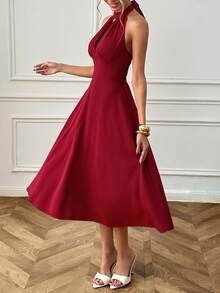 Women's Elegant Solid Color Backless Halter Mid-Length Dress, Elegant Autumn Party Outfit - Red - View 4