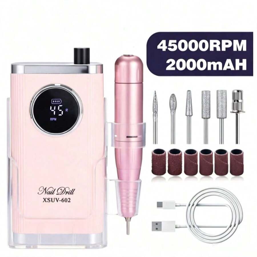LUYAO Electric Nail Drill File Professional 45000 RPM, Rechargeable Electric Nail File Machine Kit For Acrylic Gel Nails Polishing Removing, Portable Cordless Efile With Gold Bits At Salon Home
