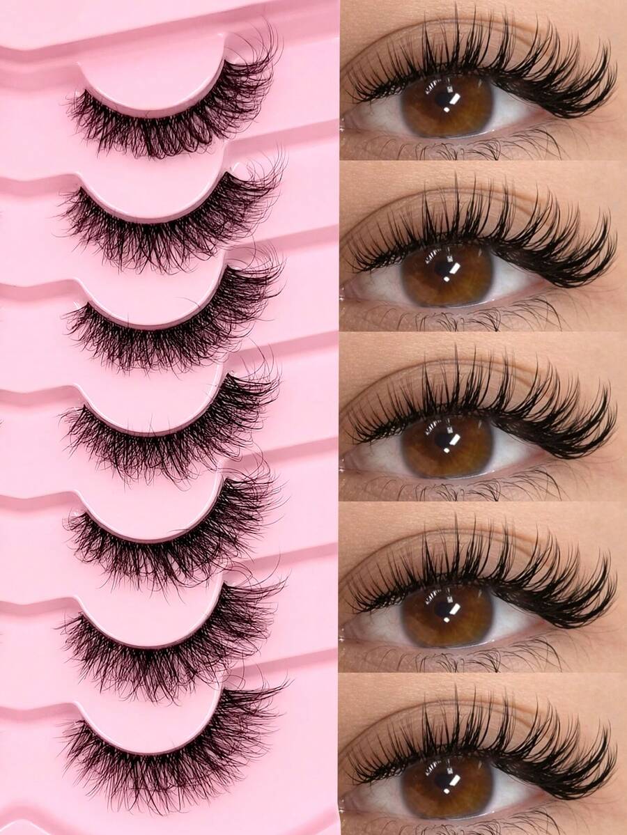 Sibeuna 7 Pairs Natural Fluffy Lashes,Clear Band Strip Lashes,Cat Eye Lashes,Faux Mink Lashes Reusable,For Daily Style Eye Makeup,Beginner-Friendly - Black - View 1