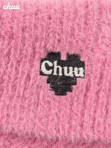 CHUU Heart & Letter Embroidered Knit Top For Women, Off-Shoulder Asymmetric Long Sleeve Cropped Sweater, Autumn/Winter - Pink - View 7