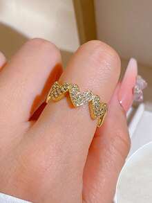 5pcs Fashionable Glamorous Cubic Zirconia Heart Rings Set Suitable For Women Party Wear (No Gift Box) - Yellow Gold - View 7