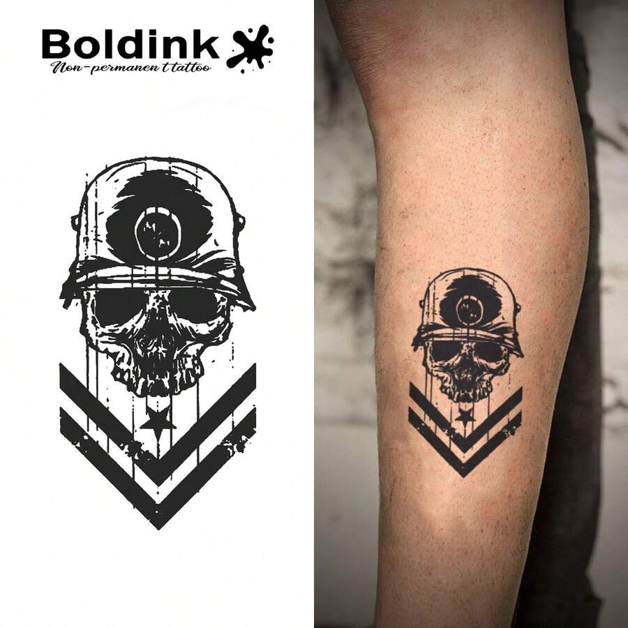 Boldink 1PC Helmet Skull V-Stripe Temporary Tattoo Sticker, Waterproof Body Art Tattoo, Lasts 1-2 Weeks, Plant Juice Formula, And Gentle, Non-Irritating, Perfect For Daily Outfit, Body Decoration, Unisex Gift, Must-Have For Fashion Enthusiasts - Black - View 1