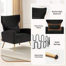 Nalupatio Velvet Accent Chairs Modern High Back Armchair Arm Chair With Lumbar Pillow, High Back Upholstered Single Sofa Chair With Gold Metal Legs For Bedroom - Black - View 8