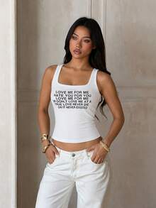 Onicee Women's Summer Casual English Letter Ribbed Short Sleeve Top - White - View 2