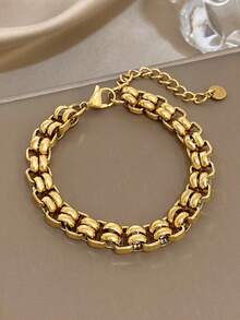 1 pieza Pulsera de cadena tejida vintage chapada en oro de 18K de acero inoxidable, joyería minimalista de oro para mujeres, regalo diario/fiesta/Navidad/cumpleaños/Halloween - Multicolor - Ver 2