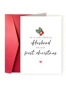 1pc Romantic Our First Christmas Card For Husband, Newlywed Xmas Greeting Card With Holly Berry Pattern, Holiday Gift Card For Spouse - Multicolor - View 3