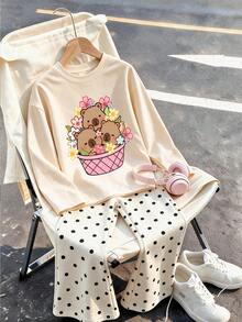 This 2 Pieces Set For Older Girls And Teens Includes An Apricot Long-Sleeve Top And A Pair Of All-Over Polka Dot Flared Pants; Featuring A Creative Design With A Capybara Pattern, The Overall Style Is Simple And Casual - Apricot - View 3