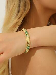 1pc Fashion New Style Gold Plated Exquisite Rhinestone Flower Pattern Enamel Cloisonne Bracelet Bangle Jewelry Gift For Girls Women - Green - View 2