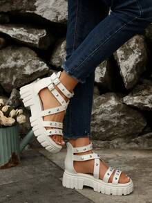 Punk Rivet Thick Sole Roman Sandals For Women, Multi-Strap Double Buckle High-Top Gear Sole Open Toe Platform Wedge Sandals, Peep Toe Thick Sole Height-Increasing Casual Versatile Women's Shoes - White - View 6