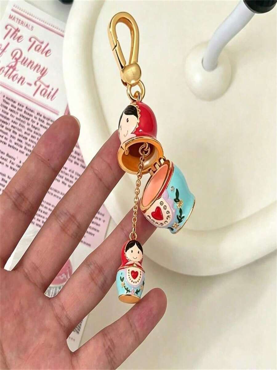 Openable Matryoshka Doll Keychain, Enamel Russian Nesting Doll Bag Charm, Cute Folk Style Gold Key Ring Accessory - Multicolor - View 1
