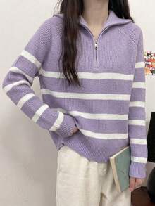 女款拼色條紋拉鍊半開襟翻領長袖針織毛衣 - 淡紫色 - 查看 3