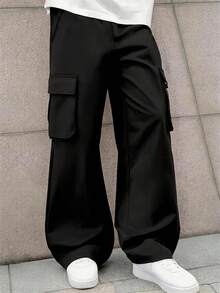2pcs/Set Street Style Boys Solid Color Wide Leg Cargo Pants, Multi-Pocket Elastic Waist School Uniform Long Pants - Multicolor - View 5